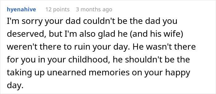Comment discussing a dad choosing wife over daughter, reflecting on absence at wedding and childhood. Comment discussing a dad choosing wife over daughter, reflecting on absence at wedding and childhood.