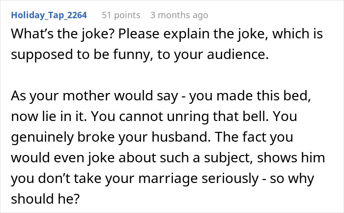 Text exchange about a woman's joke backfiring, leading to marital issues and a husband's reaction with divorce papers. Text exchange about a woman's joke backfiring, leading to marital issues and a husband's reaction with divorce papers.