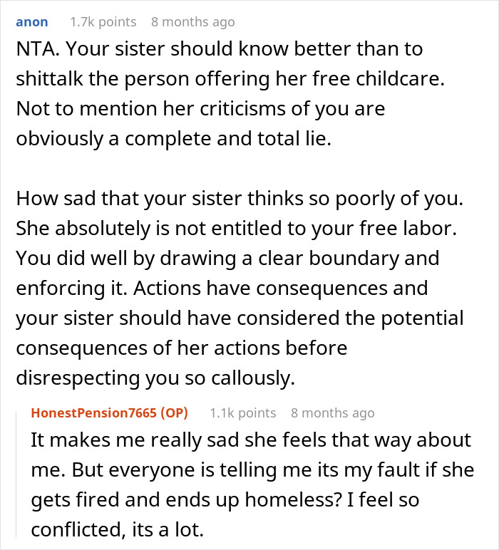 Reddit comment thread discussing a woman canceling babysitting for an ungrateful sister. Reddit comment thread discussing a woman canceling babysitting for an ungrateful sister.