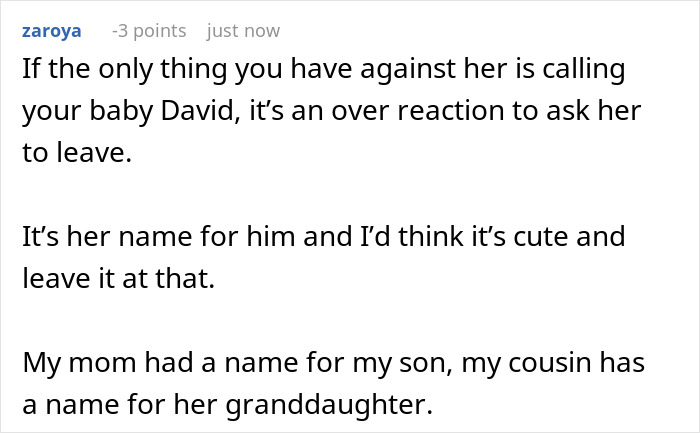 Comment discussing MIL renaming grandson, calling it an overreaction to ask her to leave. Comment discussing MIL renaming grandson, calling it an overreaction to ask her to leave.