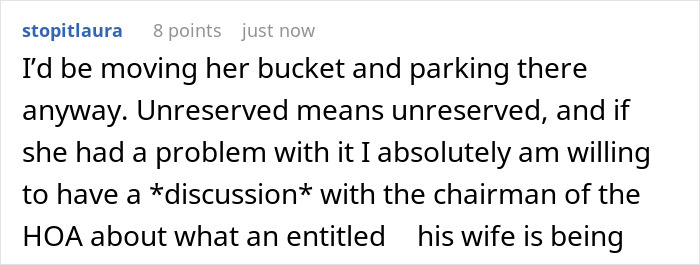 Comment about HOA chair's wife parking issue, mentioning willingness to confront the chairman. Comment about HOA chair's wife parking issue, mentioning willingness to confront the chairman.