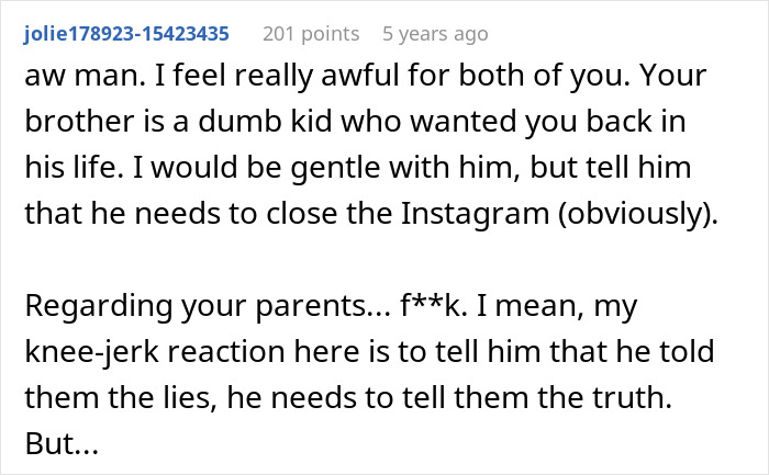 Reddit comment discussing family issues and Instagram related to proving a brother's relationship status. Reddit comment discussing family issues and Instagram related to proving a brother's relationship status.