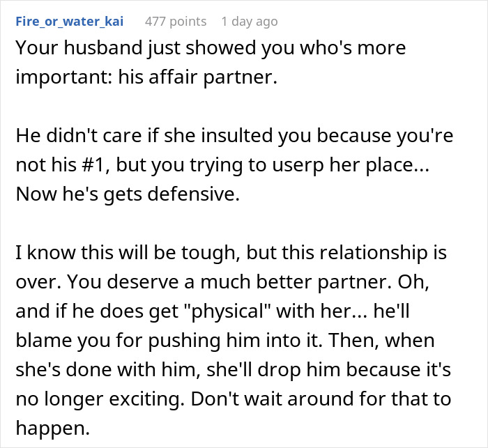 Text screenshot discussing a husband's affair and advice on ending the relationship, referencing a "work wife. Text screenshot discussing a husband's affair and advice on ending the relationship, referencing a "work wife.