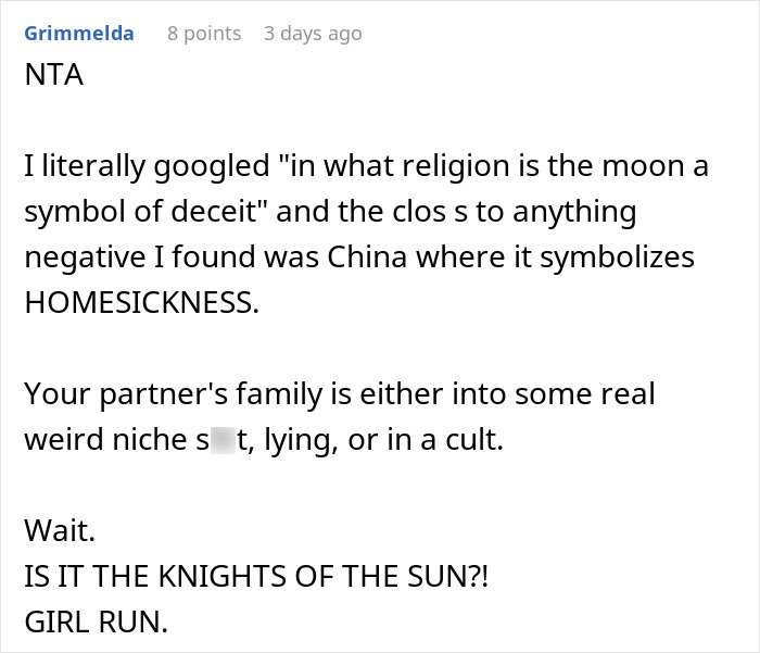 Reddit comment discussing moon symbolism, deceit, and cultural beliefs, questioning a family's motives. Reddit comment discussing moon symbolism, deceit, and cultural beliefs, questioning a family's motives.