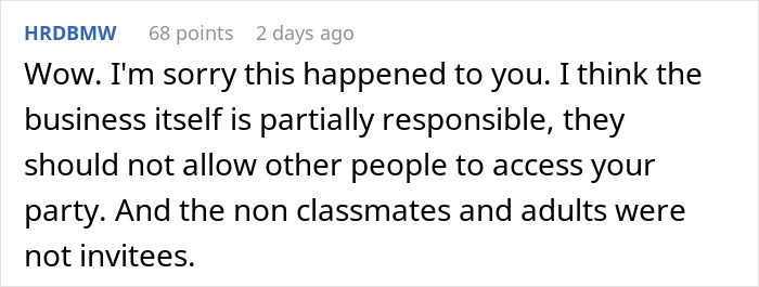 Forum comment discussing unexpected guests at a son's party, mentioning non-classmates and responsibility. Forum comment discussing unexpected guests at a son's party, mentioning non-classmates and responsibility.