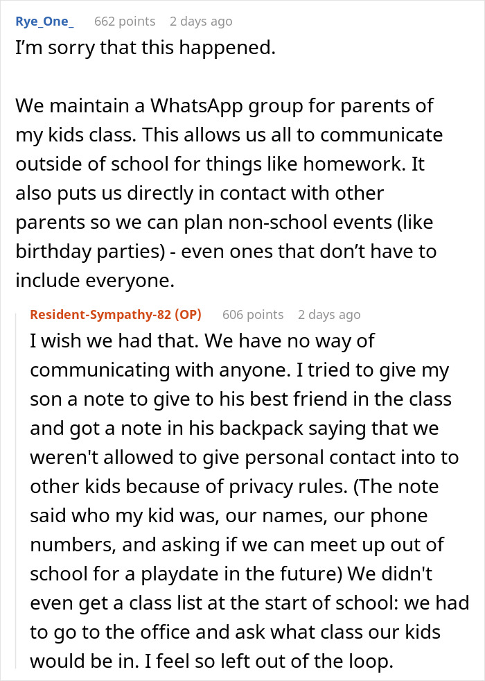 Text exchange about a kid's party with a parent feeling left out due to lack of RSVPs and no communication options. Text exchange about a kid's party with a parent feeling left out due to lack of RSVPs and no communication options.