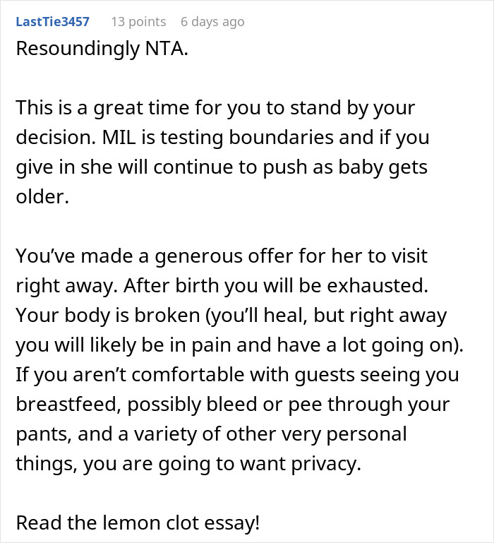Discussion about boundaries with MIL after DIL gives birth, emphasizing need for privacy and recovery time. Discussion about boundaries with MIL after DIL gives birth, emphasizing need for privacy and recovery time.