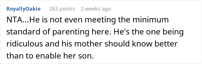 Comment criticizing husband’s parenting, highlighting drama over infant care. Comment criticizing husband’s parenting, highlighting drama over infant care.