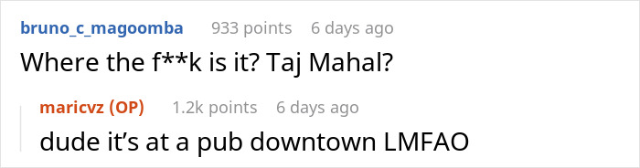 Reddit conversation about a lady's birthday celebration cost, questioning the location. Reddit conversation about a lady's birthday celebration cost, questioning the location.