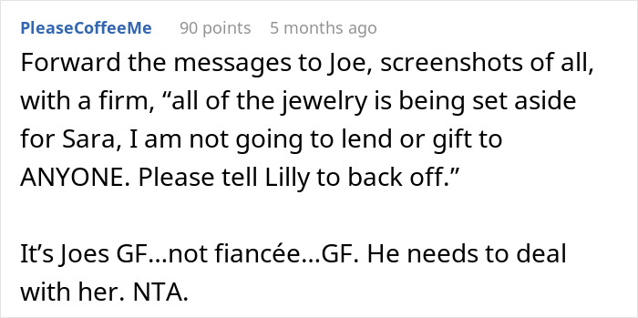 Text exchange discussing jewelry demand involving boyfriend's stepdaughter and her mom's refusal. Text exchange discussing jewelry demand involving boyfriend's stepdaughter and her mom's refusal.