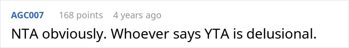 Reddit comment by AGC007 saying, "NTA obviously. Whoever says YTA is delusional," discussing yard sale incident. Reddit comment by AGC007 saying, "NTA obviously. Whoever says YTA is delusional," discussing yard sale incident.