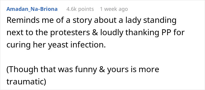 Comment about thanking Planned Parenthood, mentioning protesters and a yeast infection. Comment about thanking Planned Parenthood, mentioning protesters and a yeast infection.
