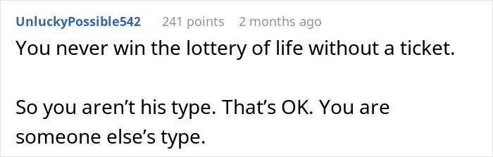 Reddit comment about not winning life's lottery without trying, related to asking out a Zoomer friend. Reddit comment about not winning life's lottery without trying, related to asking out a Zoomer friend.