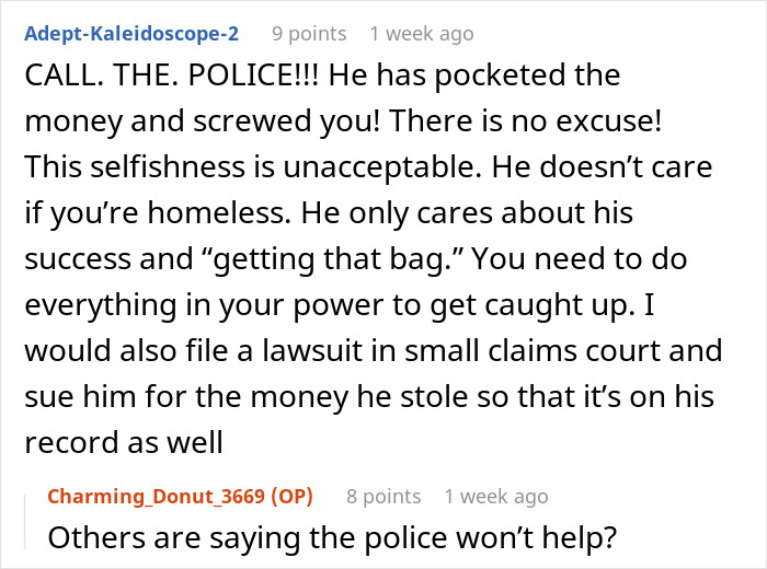 Text conversation discussing stolen rent money and suggesting legal action. Text conversation discussing stolen rent money and suggesting legal action.