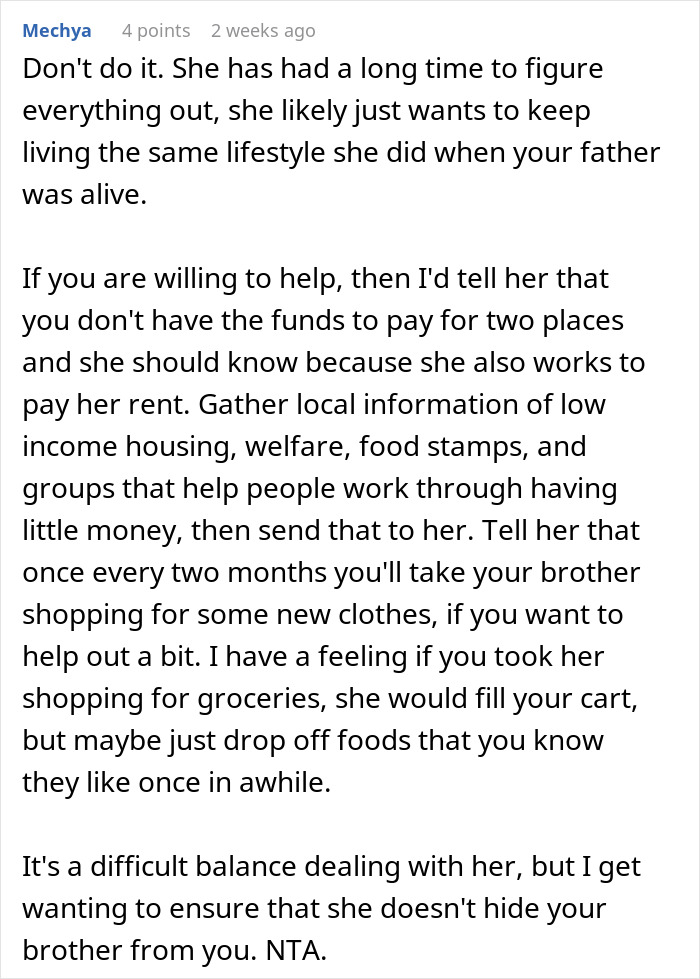 Comment offering advice on helping dad’s ex-wife and son with rent, discussing financial balance and support options. Comment offering advice on helping dad’s ex-wife and son with rent, discussing financial balance and support options.