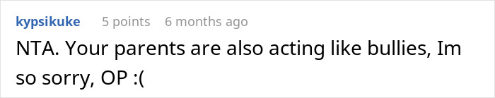 Reddit comment criticizing parents' behavior towards daughter, calling them bullies. Reddit comment criticizing parents' behavior towards daughter, calling them bullies.
