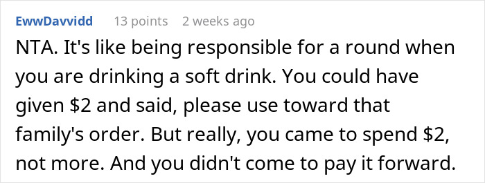 Reddit comment about a customer declining a "pay it forward" chain in a dining scenario. Reddit comment about a customer declining a "pay it forward" chain in a dining scenario.