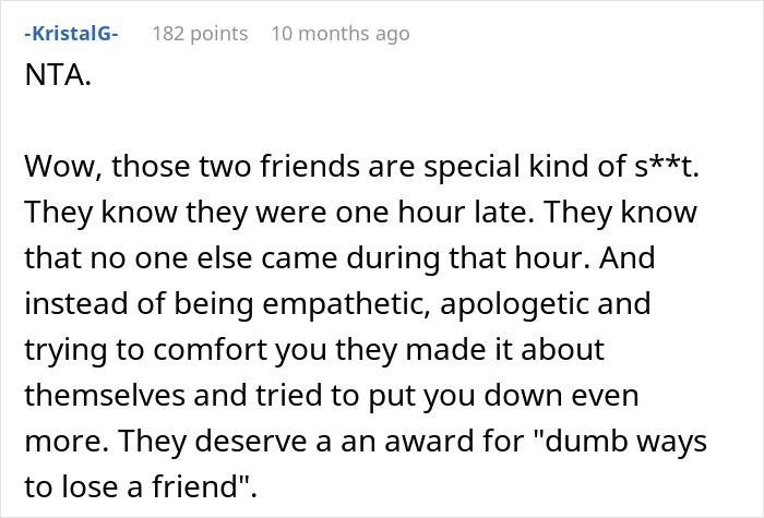 Text on an online forum discussing a woman's experience of being bullied by friends and family after canceling her birthday dinner. Text on an online forum discussing a woman's experience of being bullied by friends and family after canceling her birthday dinner.