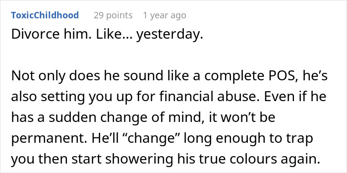 Screenshot of a Reddit comment discussing divorce and financial abuse advice related to a job. Screenshot of a Reddit comment discussing divorce and financial abuse advice related to a job.