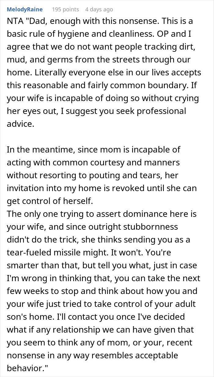 Text addressing a conflict over a house rule related to hygiene and personal boundaries. Text addressing a conflict over a house rule related to hygiene and personal boundaries.