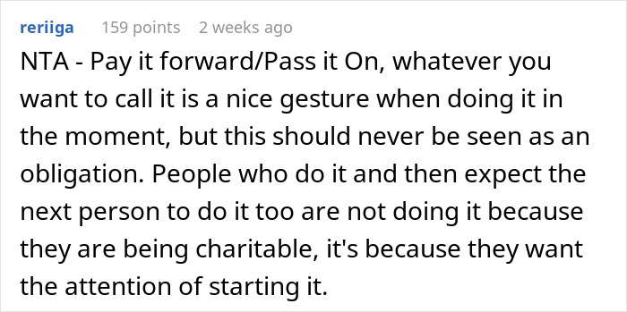 Reddit comment discussing the obligation of pay it forward chains. Reddit comment discussing the obligation of pay it forward chains.