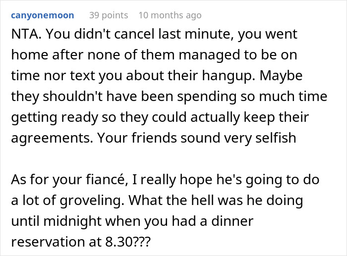 Online comment discussing a woman's experience being bullied by friends and family for canceling her birthday dinner. Online comment discussing a woman's experience being bullied by friends and family for canceling her birthday dinner.