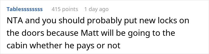 Text comment discussing family cabin usage and payment issues. Text comment discussing family cabin usage and payment issues.