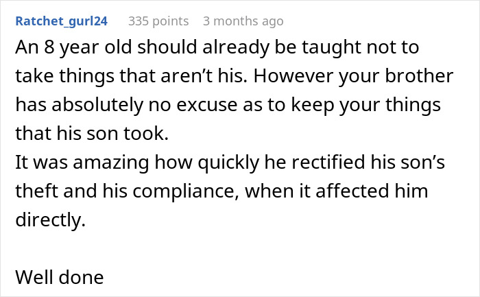 Reddit comment discussing teaching kids not to take things and a brother's response to a theft incident. Reddit comment discussing teaching kids not to take things and a brother's response to a theft incident.
