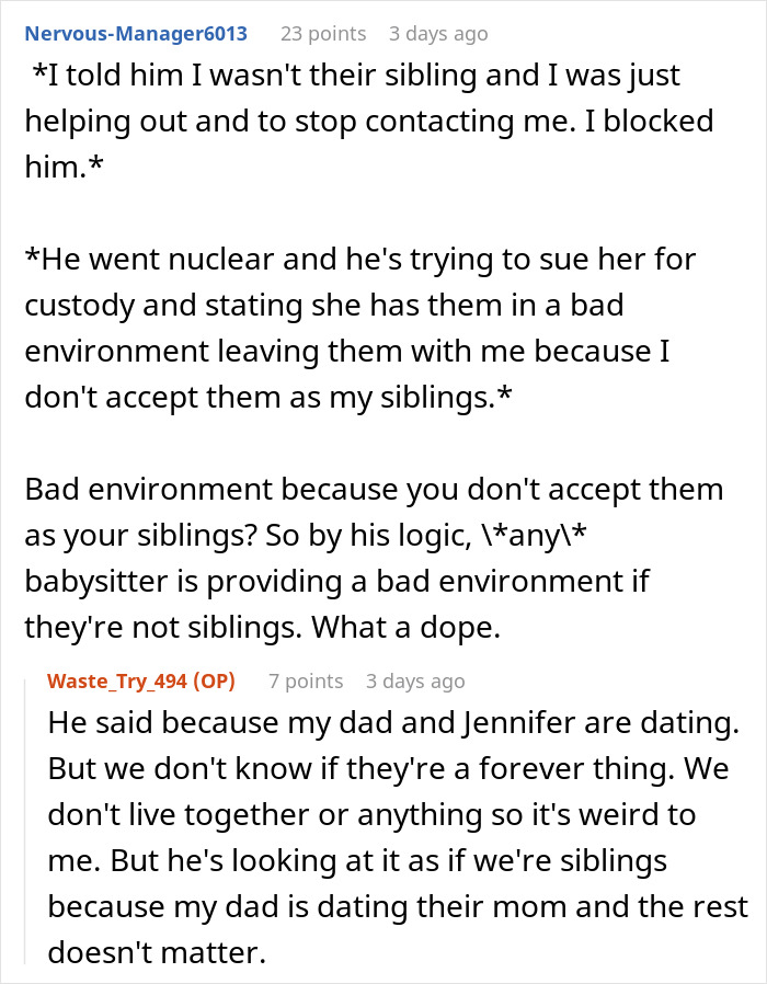 Teen babysitter refuses ex’s demand to babysit, leading to conflict depicted in online discussion screenshot. Teen babysitter refuses ex’s demand to babysit, leading to conflict depicted in online discussion screenshot.