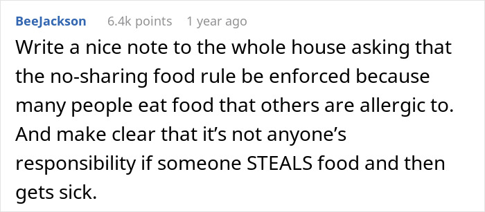 Comment discussing no-sharing food rule to prevent allergic reactions. Comment discussing no-sharing food rule to prevent allergic reactions.