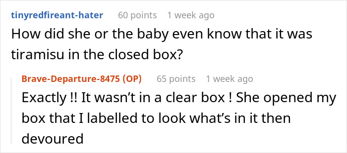 Reddit comments about a pregnant coworker and food cravings, discussing an incident with a tiramisu box. Reddit comments about a pregnant coworker and food cravings, discussing an incident with a tiramisu box.
