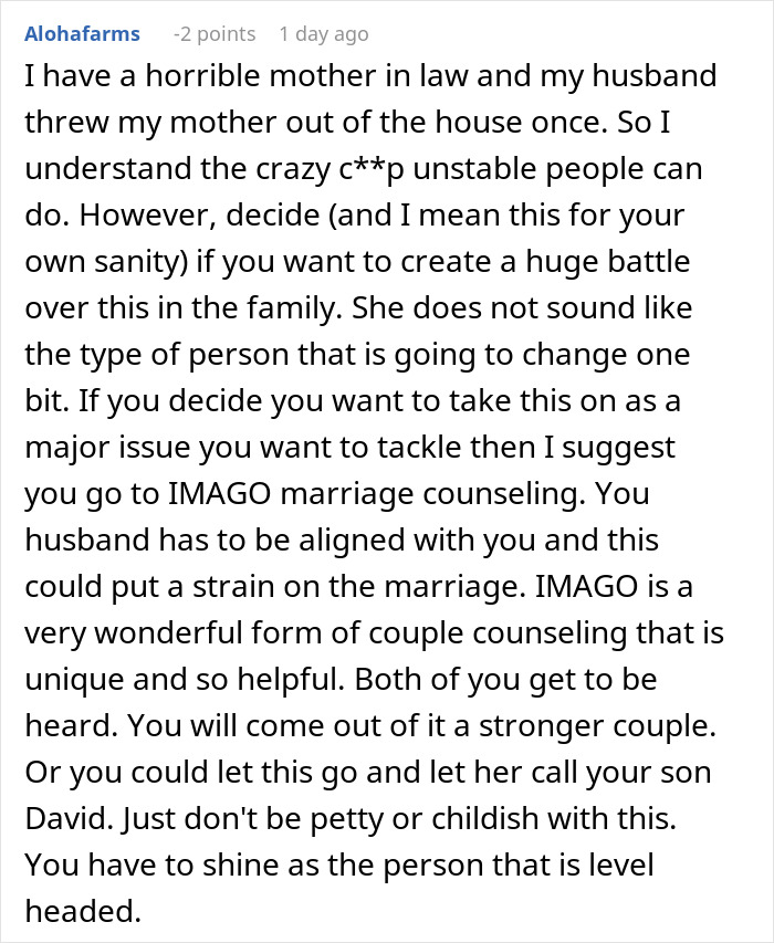 Text exchange discussing a mother-in-law renaming issue and suggesting couple counseling. Text exchange discussing a mother-in-law renaming issue and suggesting couple counseling.