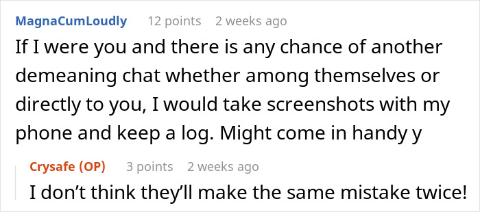 Text exchange discusses managers' demeaning chat and suggests keeping a log for future reference.