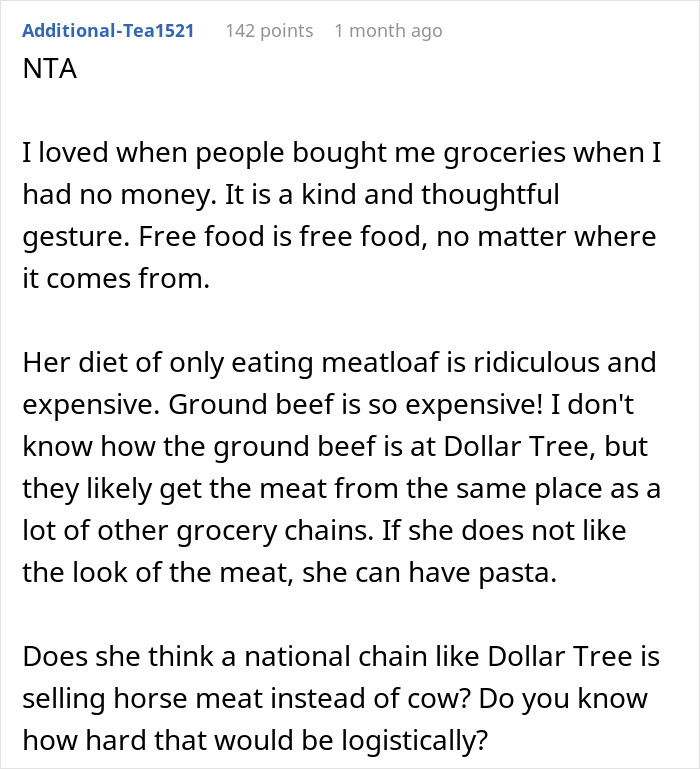 Reddit post discussing groceries from Dollar Tree and the cost of meatloaf ingredients. Reddit post discussing groceries from Dollar Tree and the cost of meatloaf ingredients.