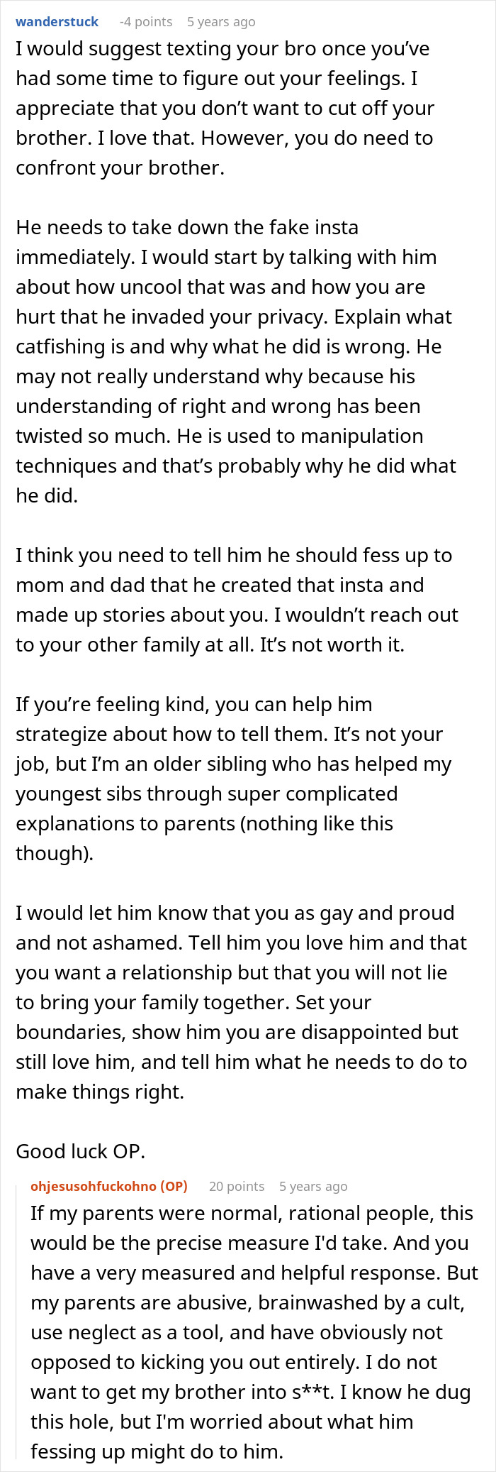 Reddit comment discussing fake account creation to prove brother's sexuality to religious parents. Reddit comment discussing fake account creation to prove brother's sexuality to religious parents.