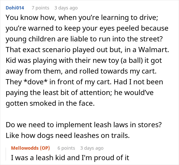 Text exchange about kids running in stores, with a suggestion about using leashes. Text exchange about kids running in stores, with a suggestion about using leashes.