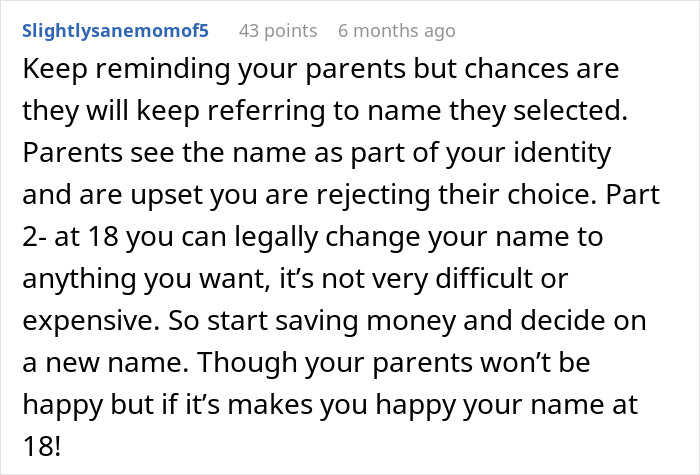 Comment advising on dealing with parental choice of name from the Bible, discussing legal name change at 18. Comment advising on dealing with parental choice of name from the Bible, discussing legal name change at 18.