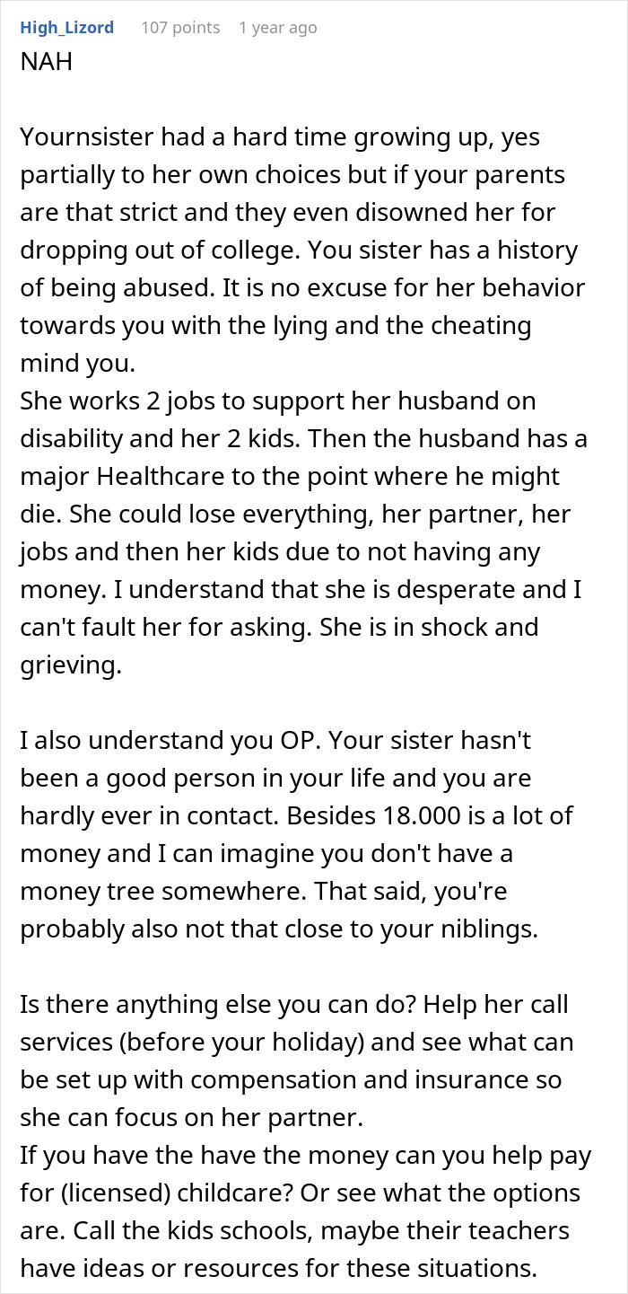 Discussion on rebooking an $18K trip amid sister's plea for help. Discussion on rebooking an $18K trip amid sister's plea for help.