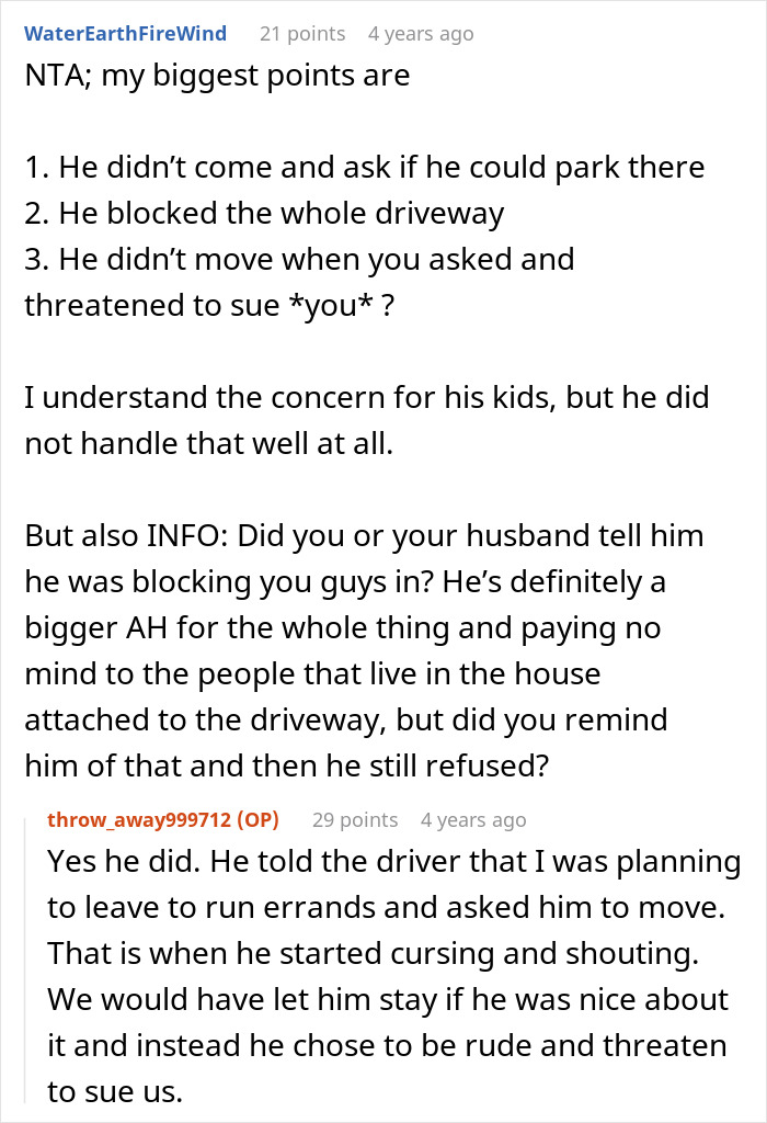 Reddit discussion about police intervention due to a car blocking a neighbor's driveway. Reddit discussion about police intervention due to a car blocking a neighbor's driveway.