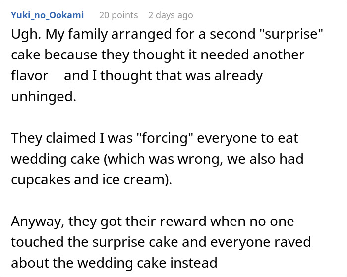 Text exchange describing family drama over a surprise cake at a wedding, with guests preferring the wedding cake. Text exchange describing family drama over a surprise cake at a wedding, with guests preferring the wedding cake.
