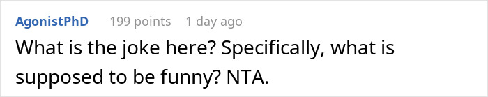 Reddit comment questioning humor, with user stating "NTA" regarding man at pregnancy appointments. Reddit comment questioning humor, with user stating "NTA" regarding man at pregnancy appointments.