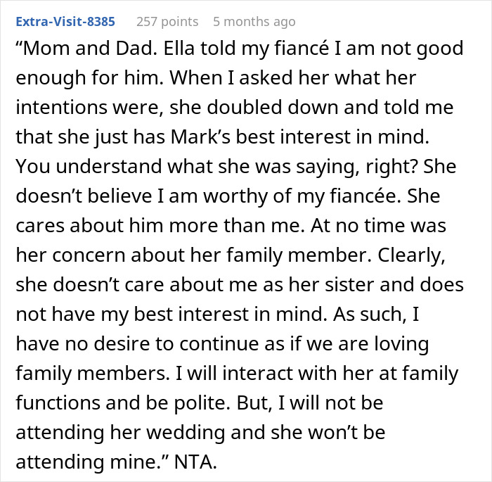Reddit text post discussing a sister trying to convince her sister’s fiancé to end their engagement. Reddit text post discussing a sister trying to convince her sister’s fiancé to end their engagement.
