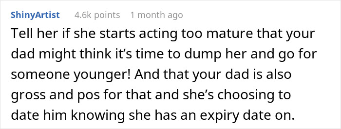 Comment discussing a dad's relationship with a younger girlfriend, suggesting future breakup for someone younger. Comment discussing a dad's relationship with a younger girlfriend, suggesting future breakup for someone younger.