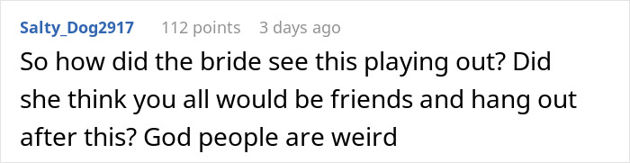 Reddit comment discussing wedding drama involving a banned fiancée for being too attractive. Reddit comment discussing wedding drama involving a banned fiancée for being too attractive.