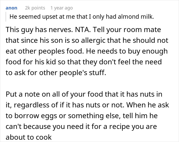 Reddit comment discussing a roommate upset over almond milk due to their allergic child snatching food. Reddit comment discussing a roommate upset over almond milk due to their allergic child snatching food.
