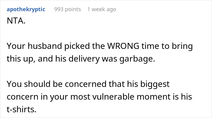 Reddit comment criticizing a husband's focus on laundry after wife's surgery. Reddit comment criticizing a husband's focus on laundry after wife's surgery.