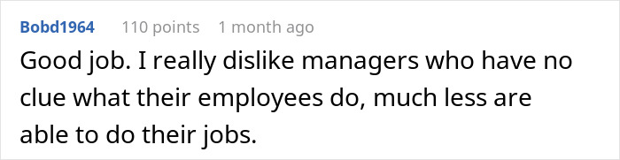 Text comment criticizing a boss’s lack of understanding of employee roles in a workplace structure. Text comment criticizing a boss’s lack of understanding of employee roles in a workplace structure.