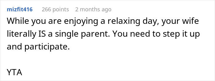 Comment critiques a husband's daily absence, calling for more participation. Comment critiques a husband's daily absence, calling for more participation.