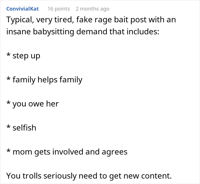 Text screenshot of a babysitting demand including phrases like "step up" and "selfish," relating to "childless" and "family. Text screenshot of a babysitting demand including phrases like "step up" and "selfish," relating to "childless" and "family.