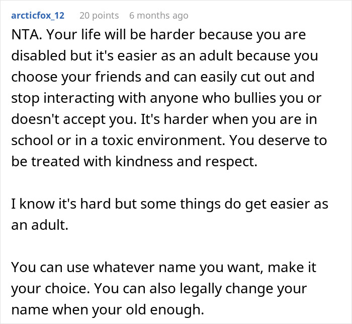 Screenshot of a Reddit comment offering advice on changing a disliked name chosen from the Bible. Screenshot of a Reddit comment offering advice on changing a disliked name chosen from the Bible.